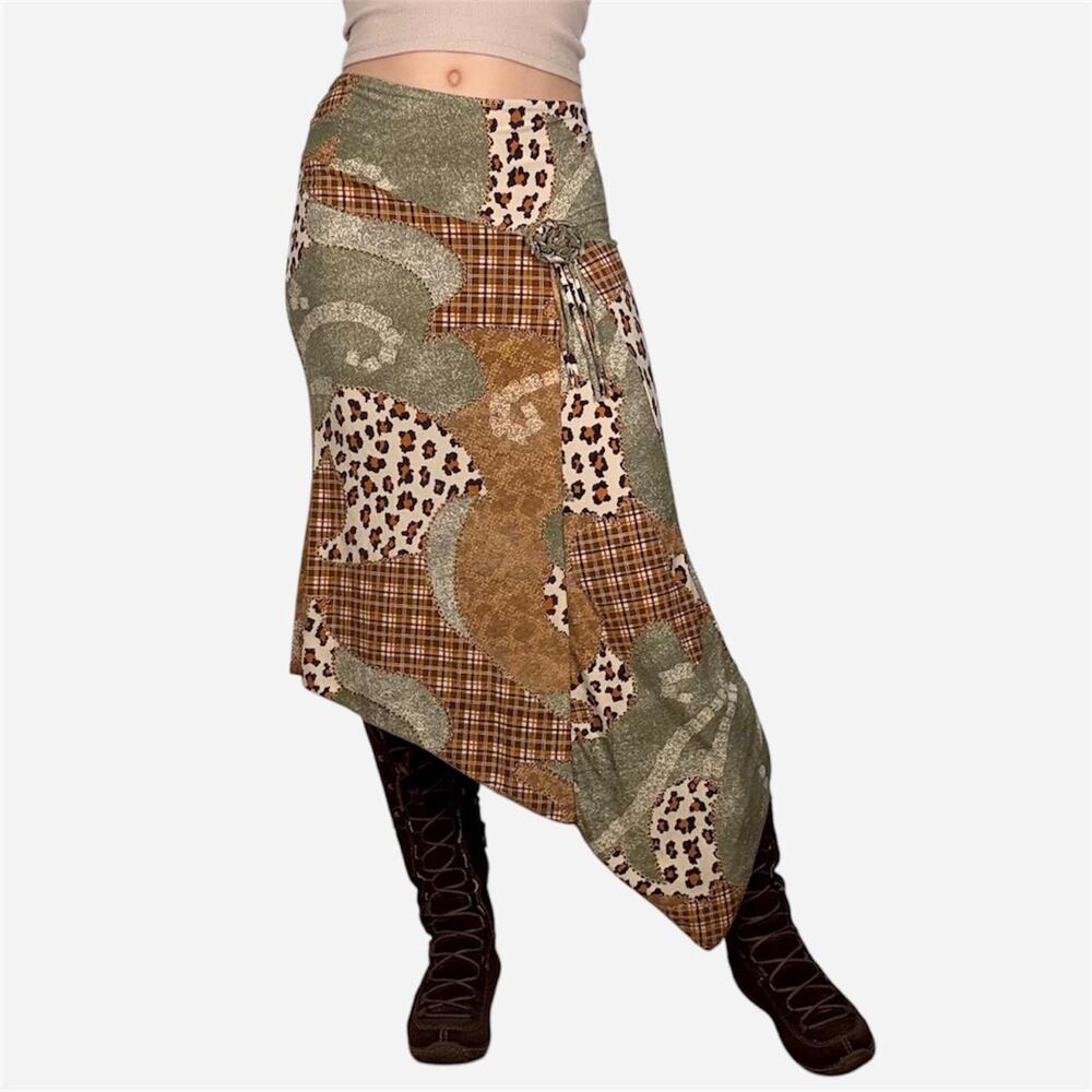Asymmetrical green brown midi patchwork Y2K boho whimsy - fits like large